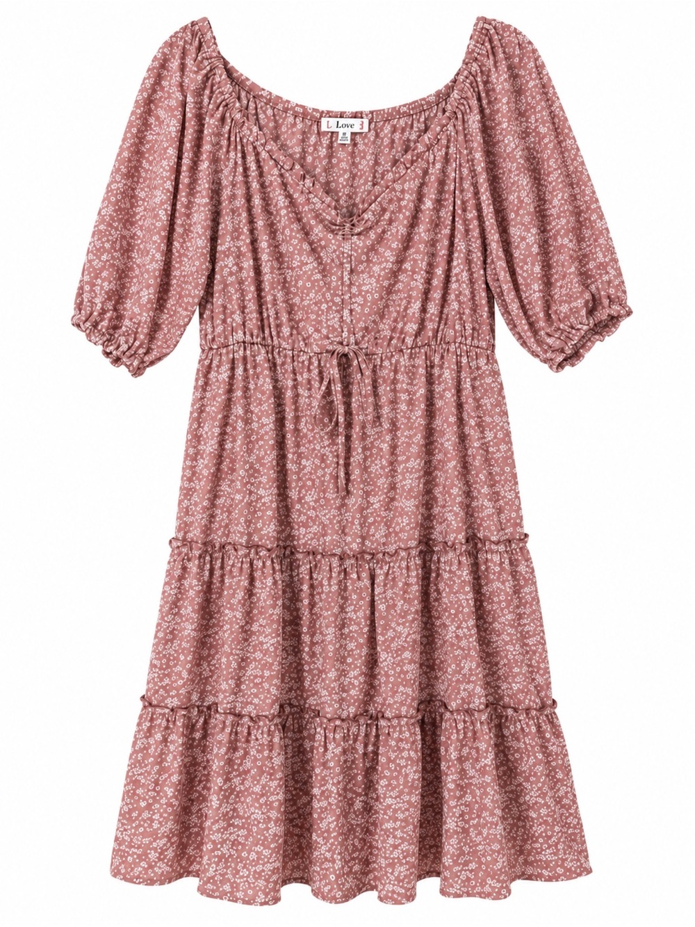 L Love Mauve Ditsy Floral Tiered Midi Dress Boho Cottagecore Peasant Milkmaid 2X